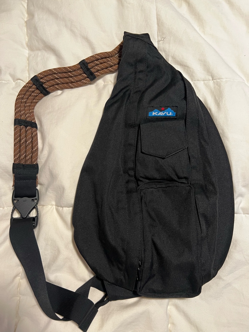 Kavu Black Crossbody Sling Bag with Brown Woven Strap